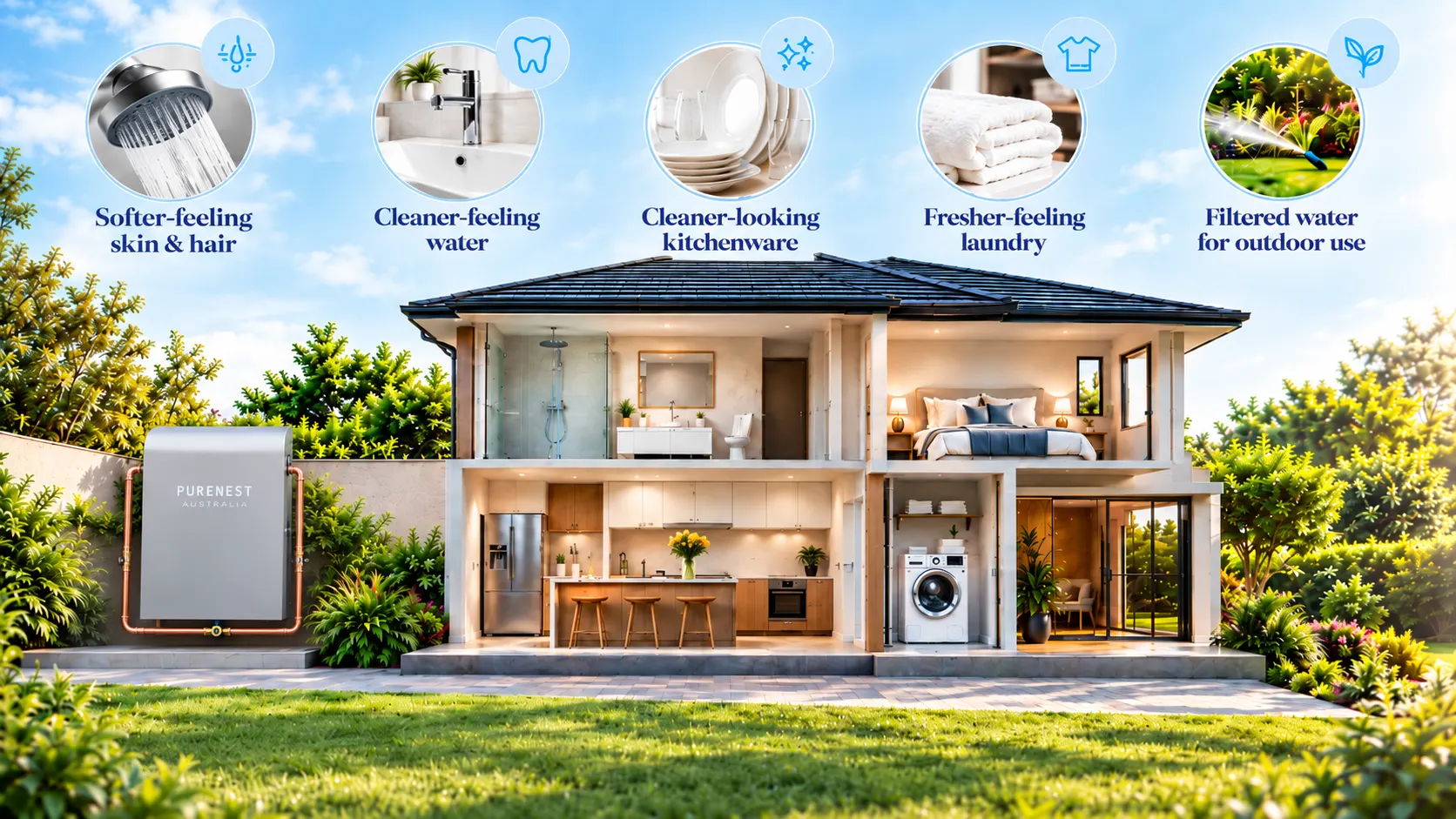 Illustration of a Purenest Australia whole-home system beside a house, supplying filtered water to the shower, kitchen, laundry and garden